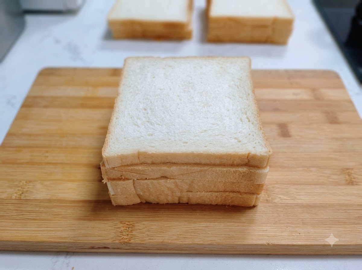 An assembled multi-layered sandwich sitting on a wooden cutting board ready for trimming.