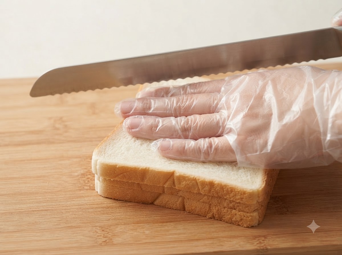 A gloved hand holding a serrated knife to trim the corner edges of a stacked sandwich.