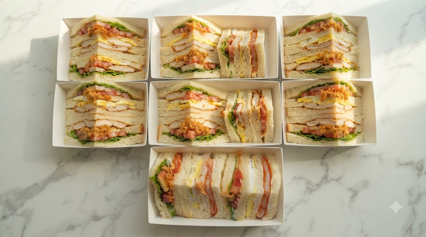 A close-up overhead shot of multiple neatly packed white paper boxes filled with triangular multi-layer fruit and vegetable sandwiches.