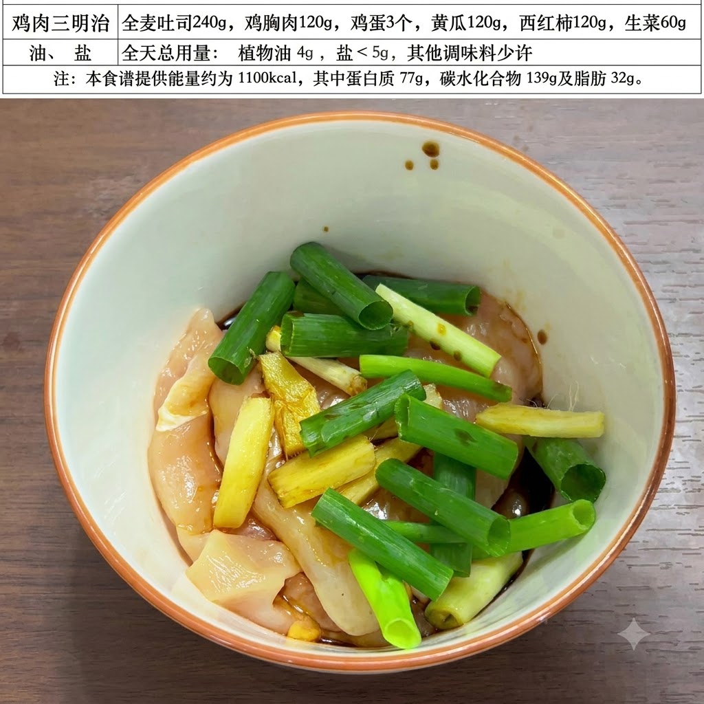 Salt crystals being sprinkled over a bowl of sliced chicken breast and scallions.