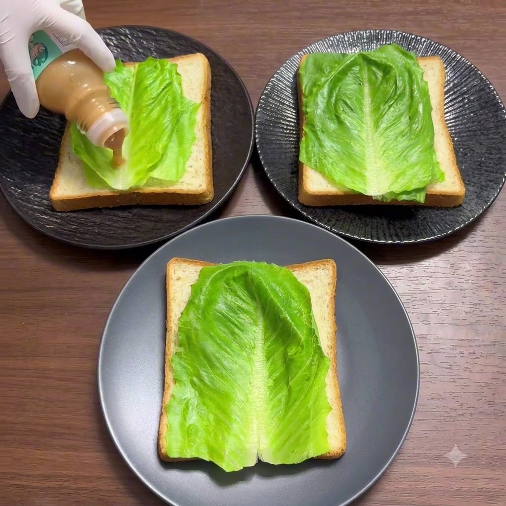 A gloved hand squeezing zero-fat salad dressing from a bottle onto the lettuce layer of a sandwich.