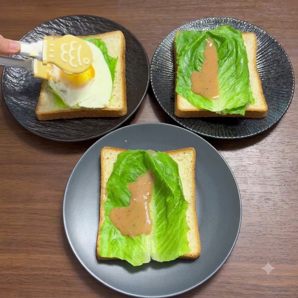 A pair of yellow kitchen tongs placing a cooked runny egg onto the lettuce and dressing layer.