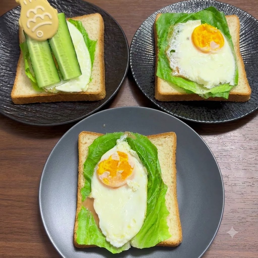 Freshly sliced cucumber pieces being placed on top of the sandwich ingredients using a kitchen tool.