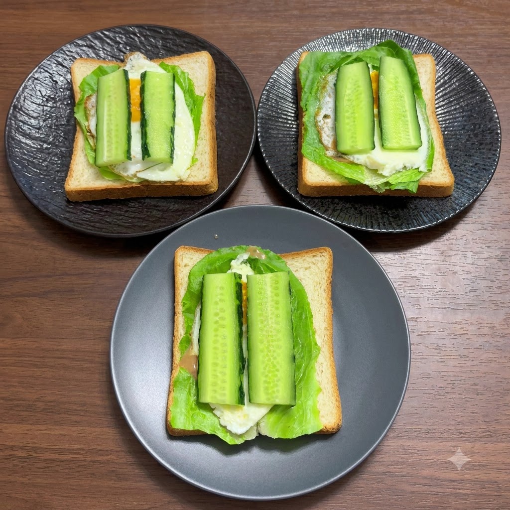 Three slices of whole wheat bread prepared with lettuce, a fried egg, and cucumber slices.