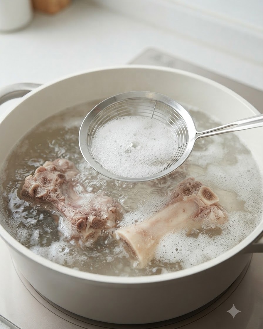 A metal skimmer scooping foam from boiling water with pork ribs in a white pot.