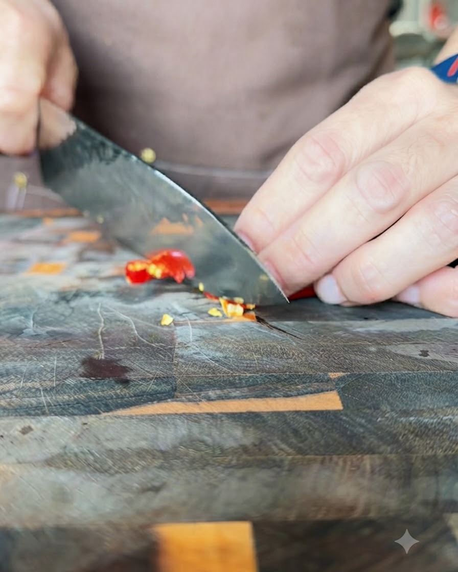 A kitchen knife slicing vibrant red and green chili peppers on a wooden board.