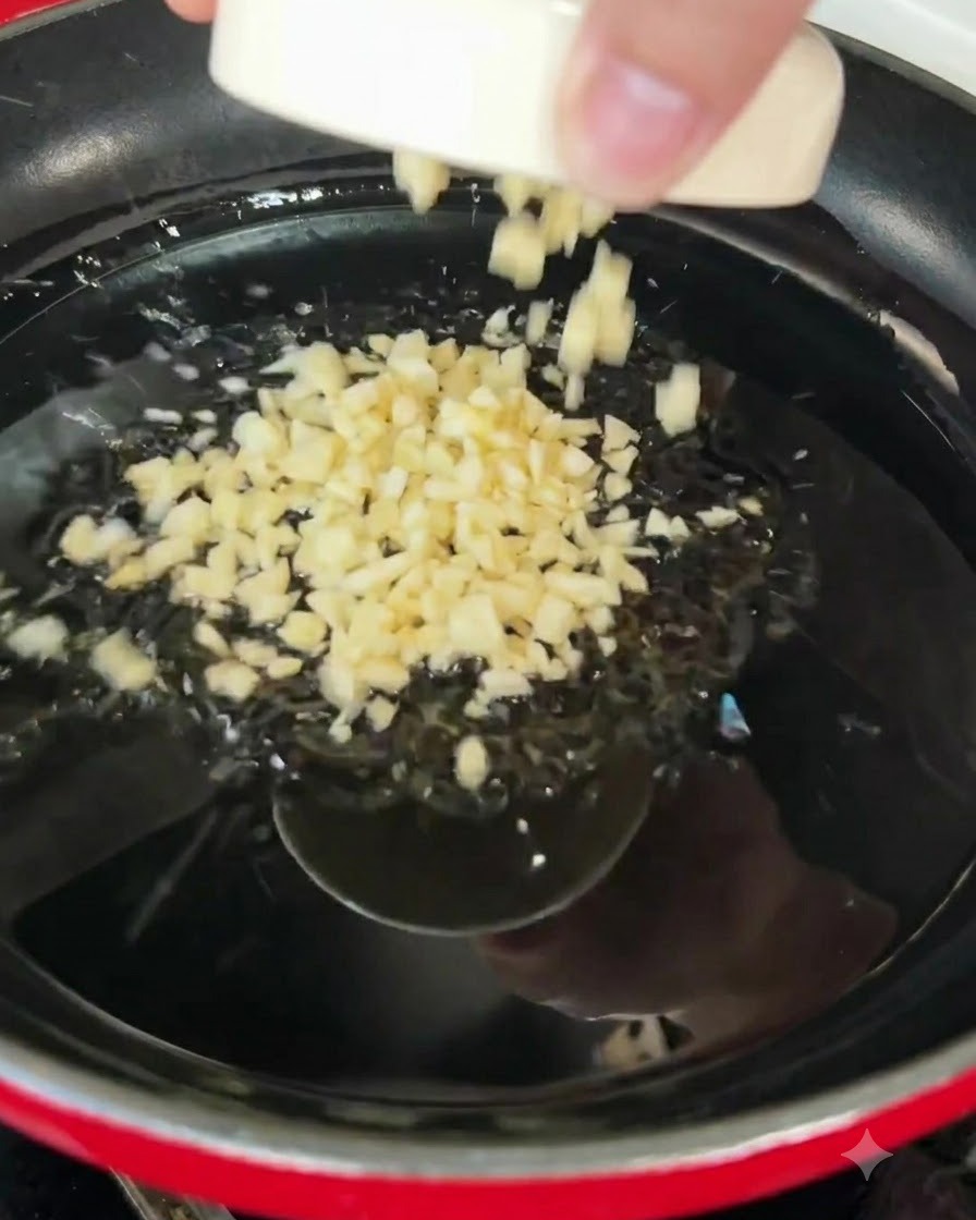 Minced garlic sizzling in hot olive oil inside a frying pan.