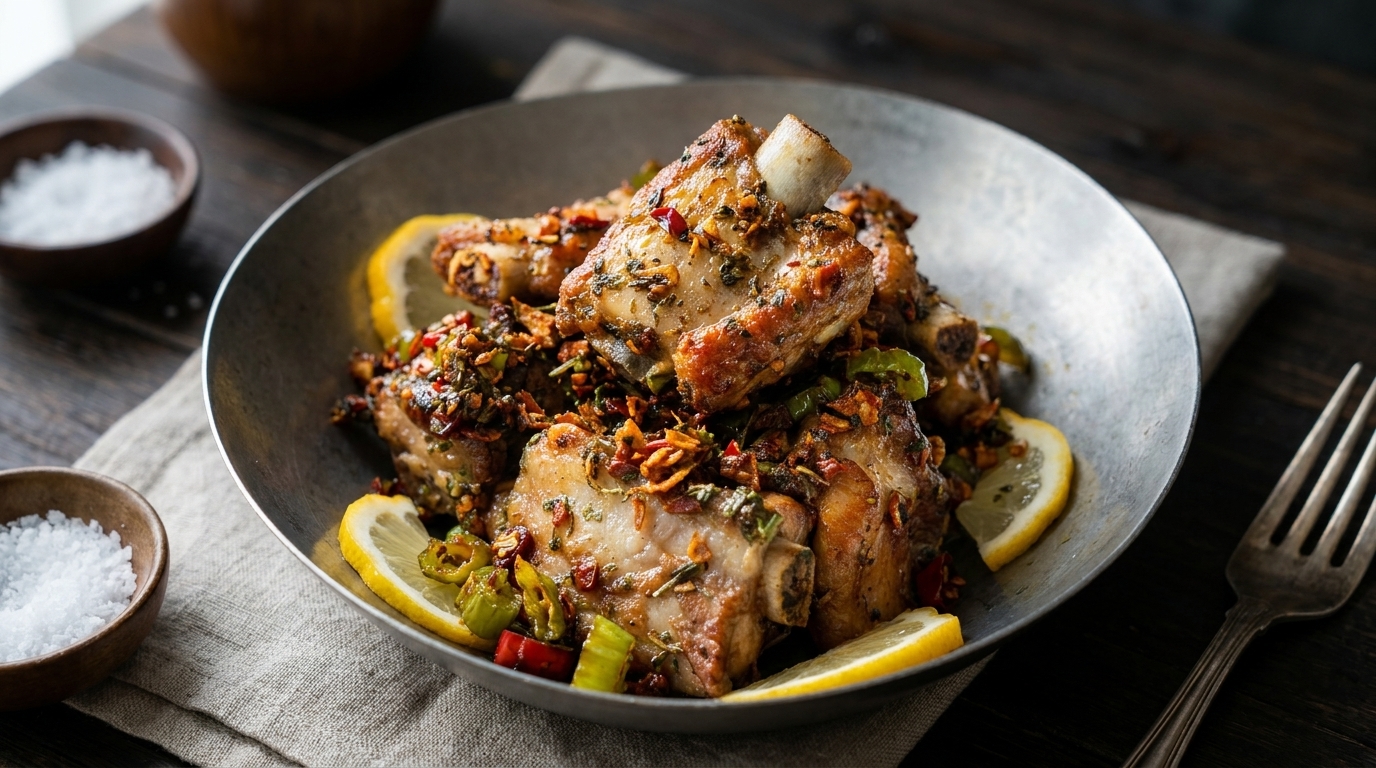 Spanish Garlic Pork Ribs garnished with lemon slices, toasted garlic chips, and chili peppers