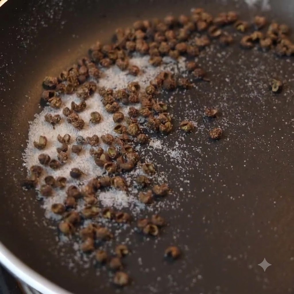 Toasted green peppercorns and salt scattered across the bottom of a dry frying pan.
