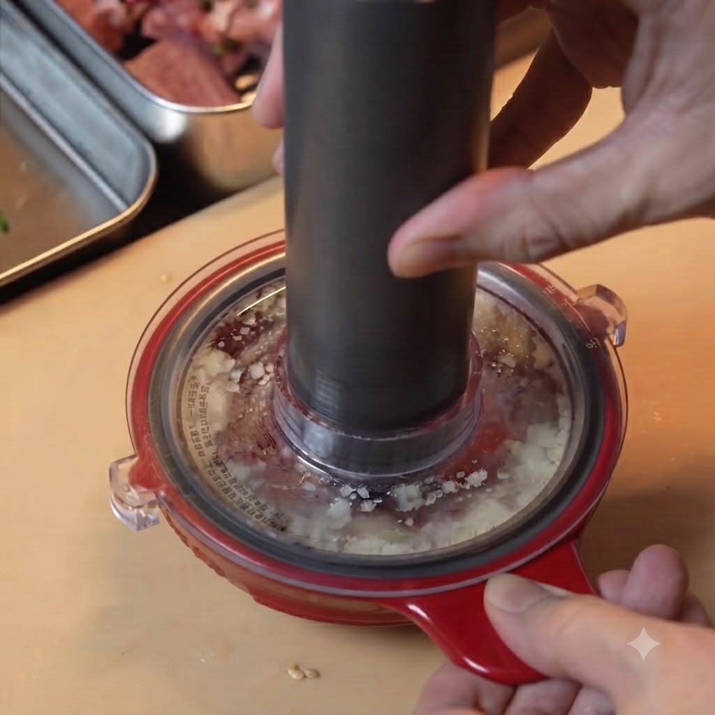 Garlic cloves being minced inside a red-handled electric mini food processor on a wooden cutting board.
