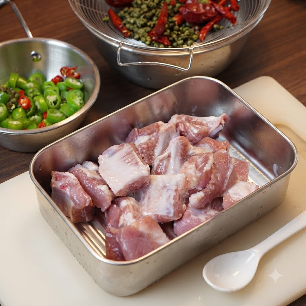 Raw pork rib pieces in a metal tray being coated with cornstarch alongside bowls of sliced peppers.