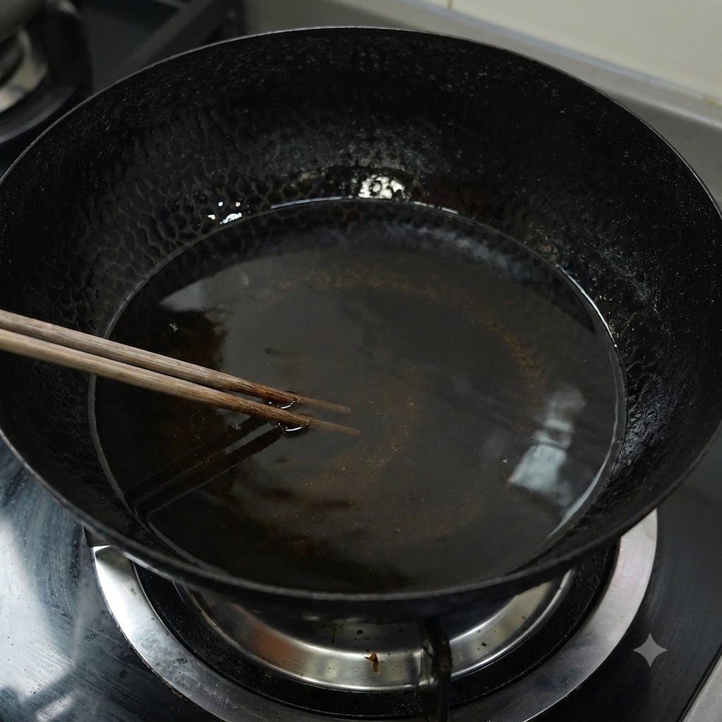 A large black wok filled with hot oil and wooden chopsticks resting inside during the deep-frying process.