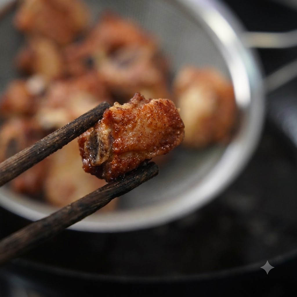 A crispy piece of fried pork rib held up with wooden chopsticks with a strainer of fried ribs in the blurred background.