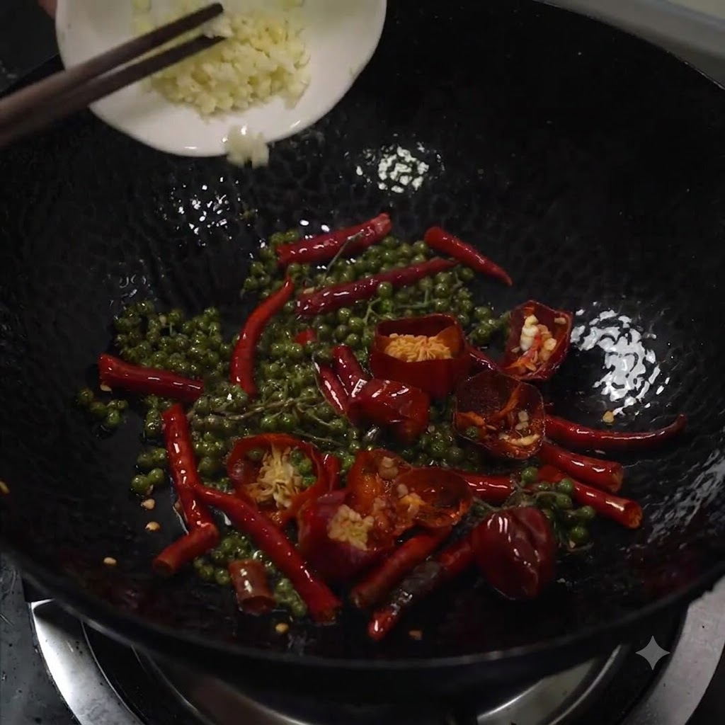 Minced garlic being added from a small white dish into a hot wok containing green peppercorns and dried chilis.