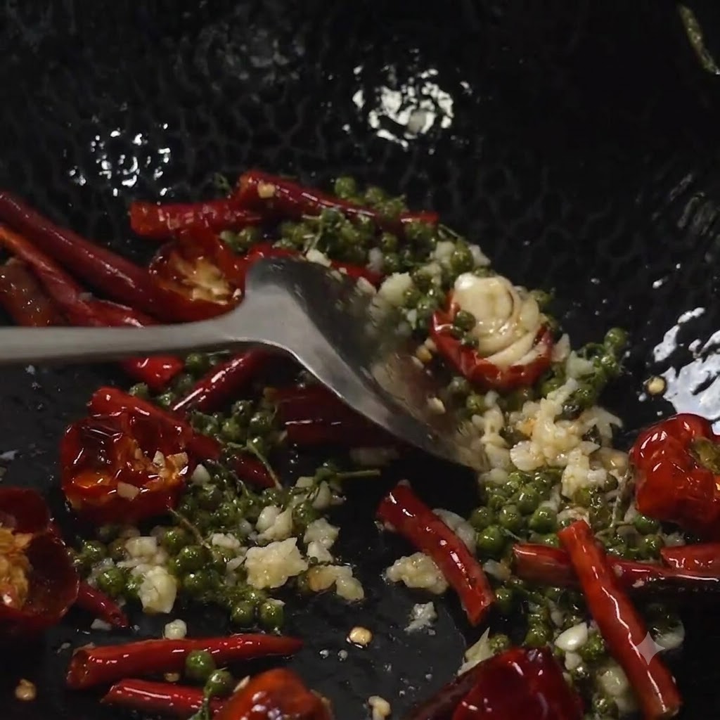A metal spatula tossing fried pork ribs together with green peppercorns, dried red chilis, and minced garlic in a wok.