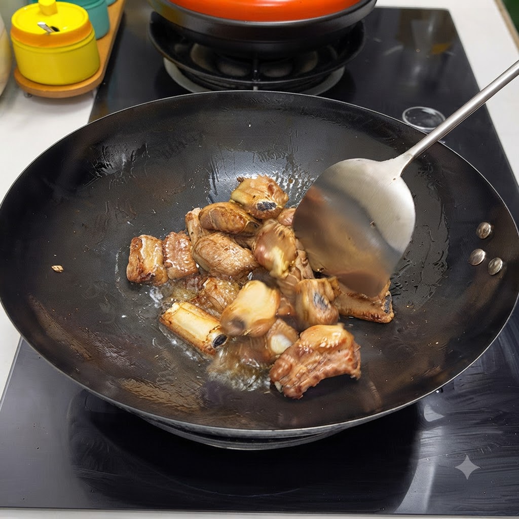 Pork ribs being stir-fried in a wok using a metal spatula.