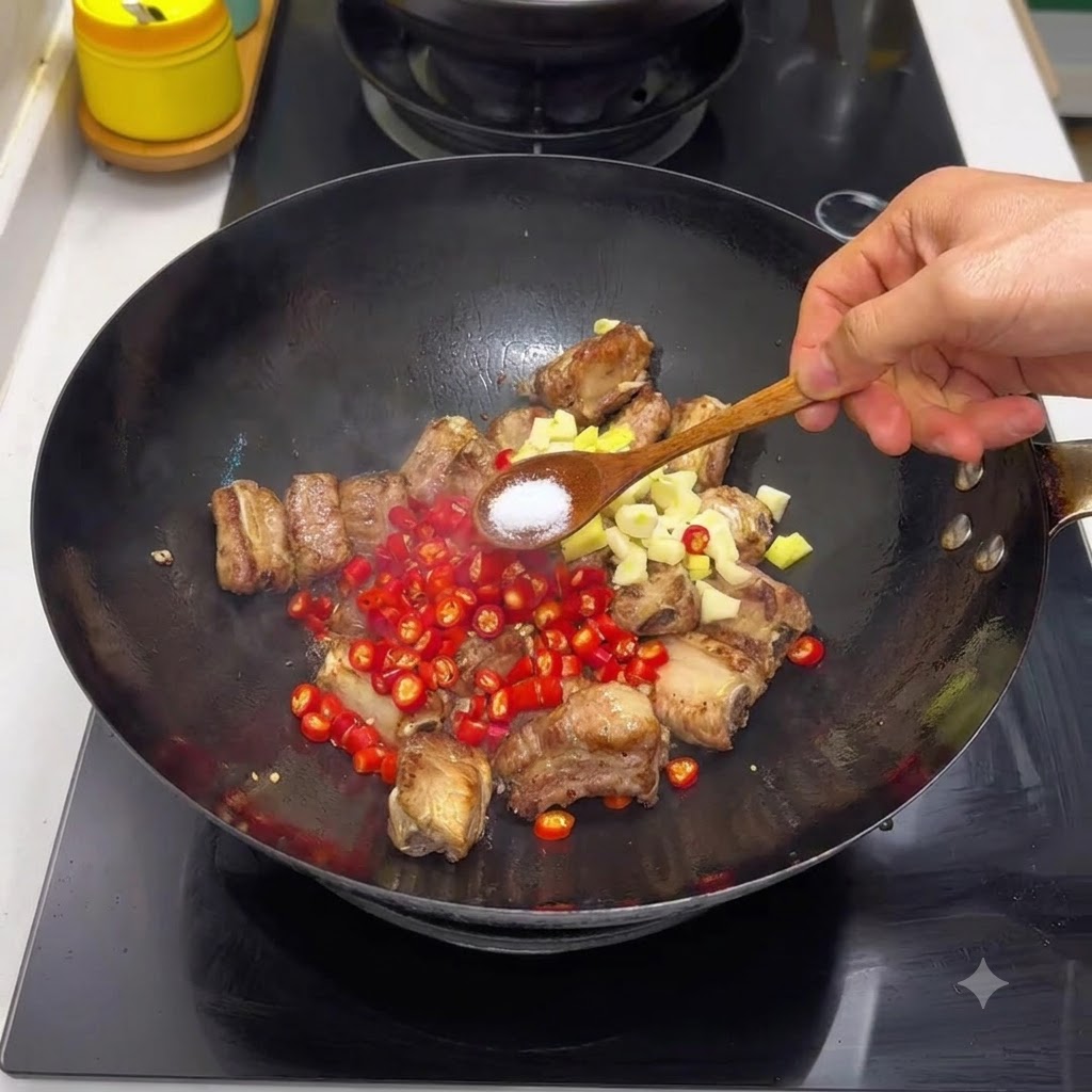 A spoonful of salt being added to pork ribs in a wok alongside chopped red chilies and garlic.