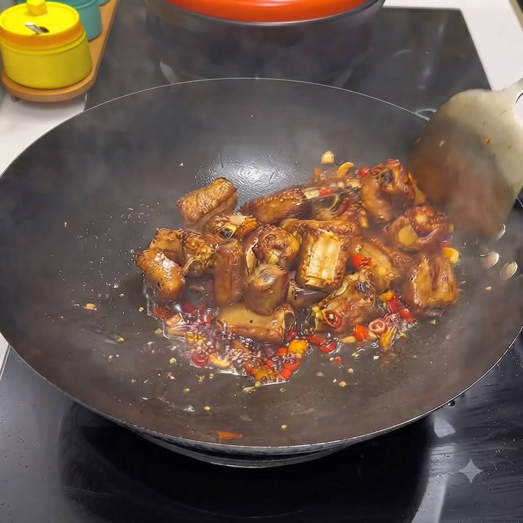 Seasoned pork ribs simmering in liquid inside a wok being stirred with a spatula.