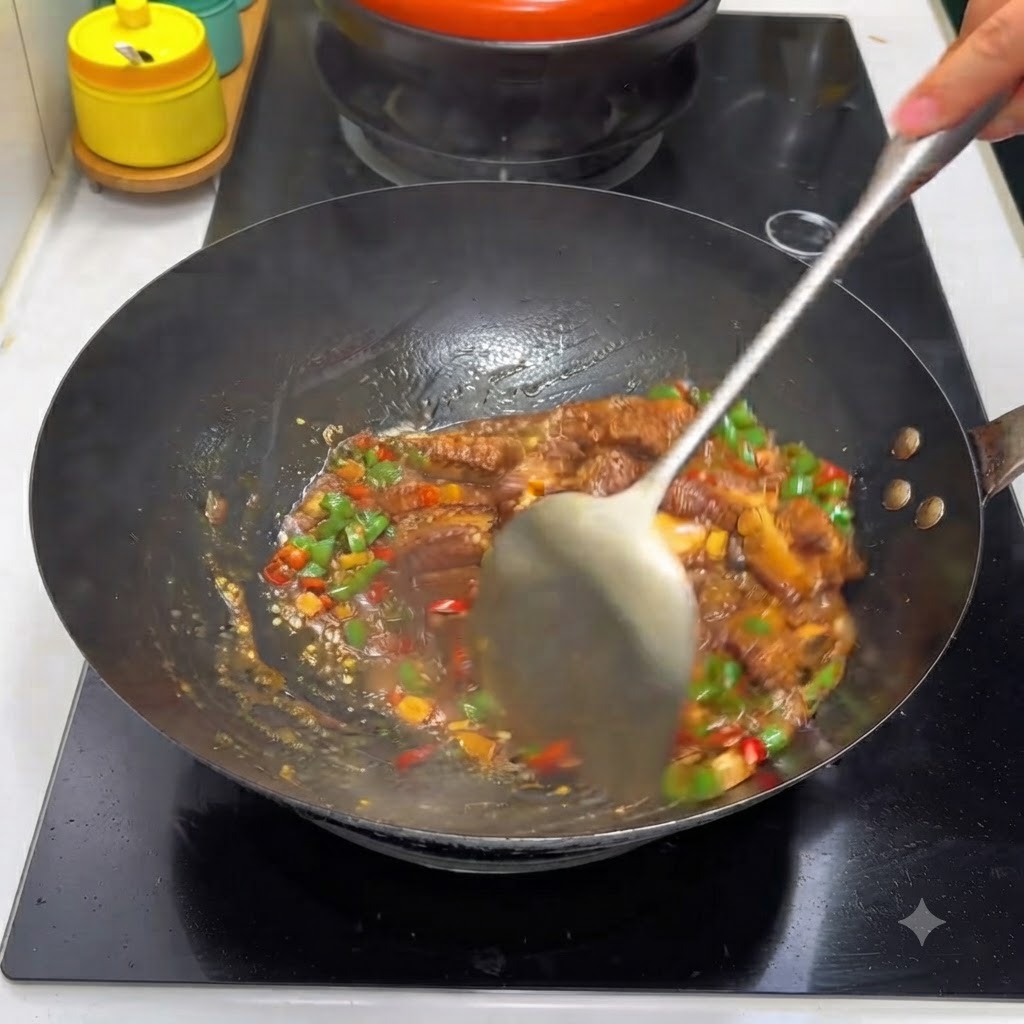 Stirring pork ribs mixed with green and red chilies and sauce in a wok.