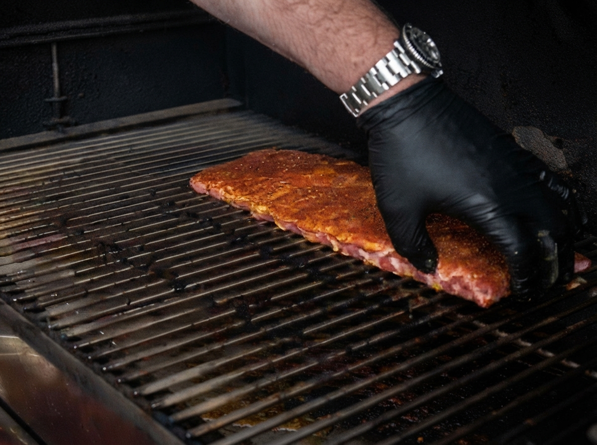 Gloved hands placing seasoned ribs onto the metal grates of a smoker.
