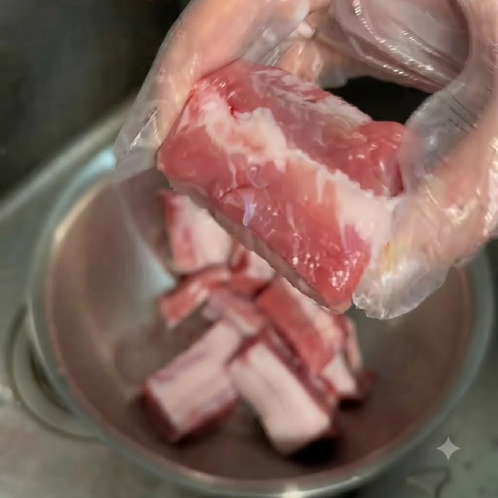 Pork rib pieces being scrubbed with flour and water inside a stainless steel mixing bowl.