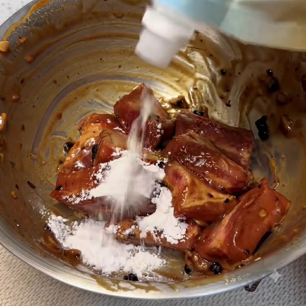 Potato starch being poured directly from a squeeze bottle onto marinated pork ribs in a metal bowl.