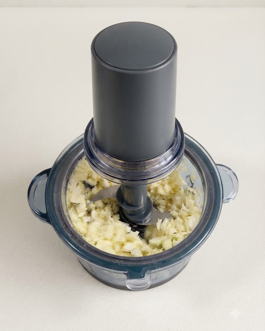 Garlic cloves processed into a fine mince inside a small electric food processor.