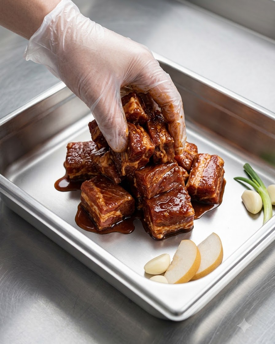A gloved hand mixing and massaging the marinade ingredients thoroughly into the pork ribs.