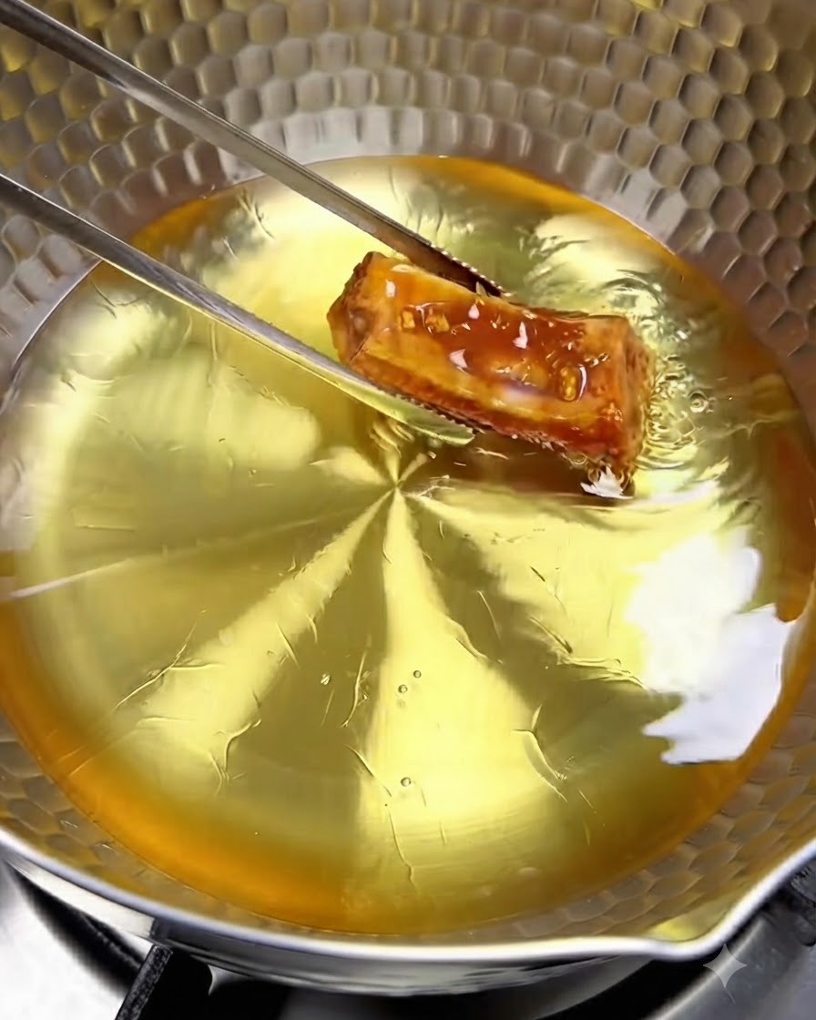 A marinated pork rib being placed into hot oil in a metal pan using tongs.