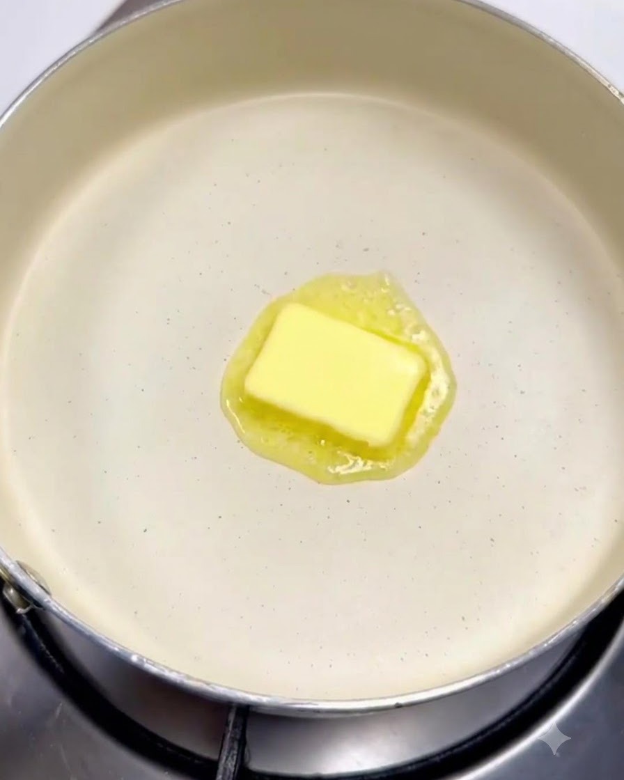 A block of butter melting in the center of a clean white pan over a stove burner.