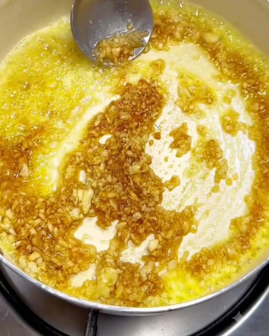 Minced garlic and sauce ingredients being stirred into melted butter in a pan using a metal ladle.