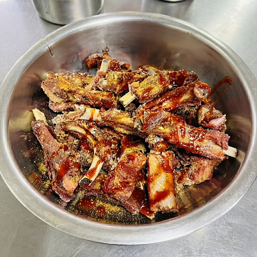 Red sauce being poured from a squeeze bottle onto a bowl of fried pork ribs.