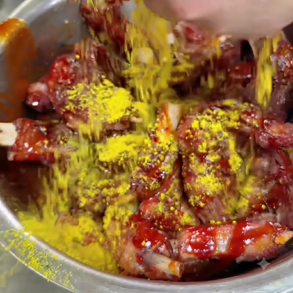 Yellow seasoning powder being shaken down onto sauce-covered pork ribs in a bowl.