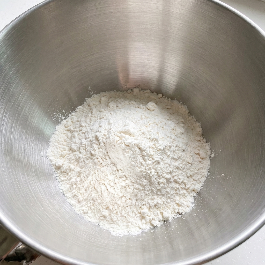 Dry flour piled inside a stainless steel mixing bowl.