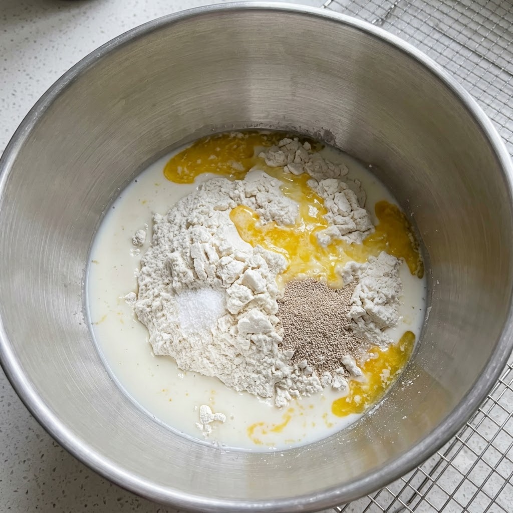 Milk, eggs, yeast, and sugar poured over flour inside a stainless steel mixing bowl.