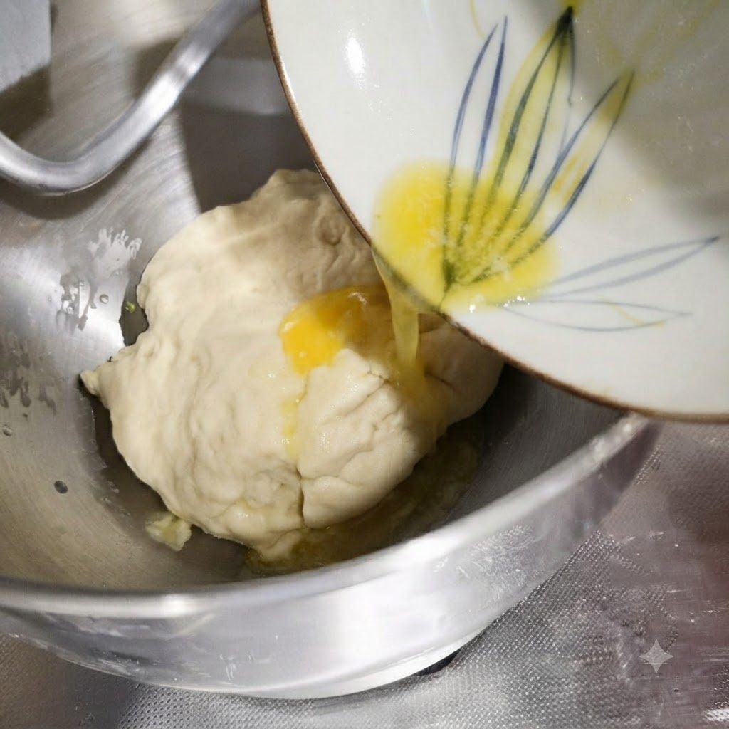 Melted butter being poured from a small bowl onto dough inside a mixing bowl.