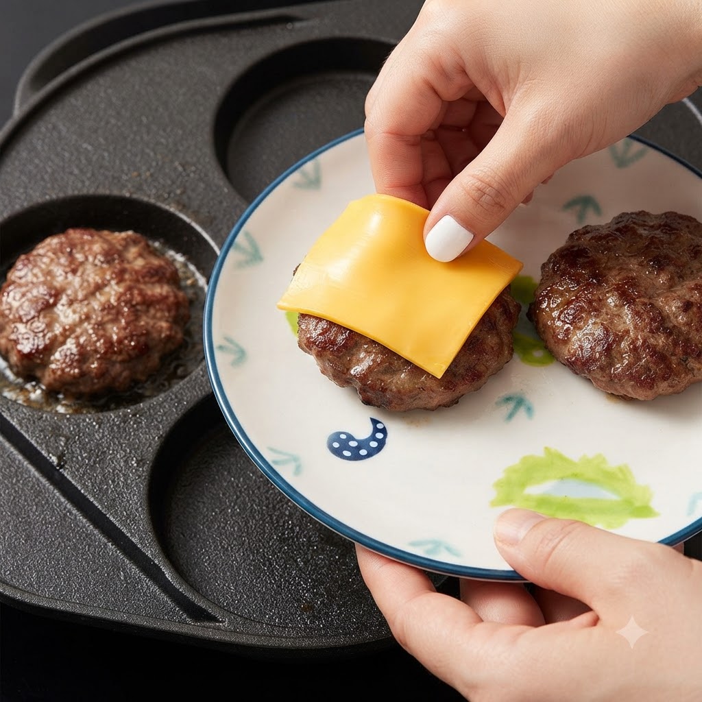 A hand placing a square yellow cheese slice onto a cooked burger patty on a patterned plate.
