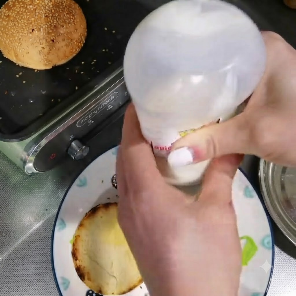 Squeezing mayonnaise from a bottle onto a toasted burger bun half on a plate.