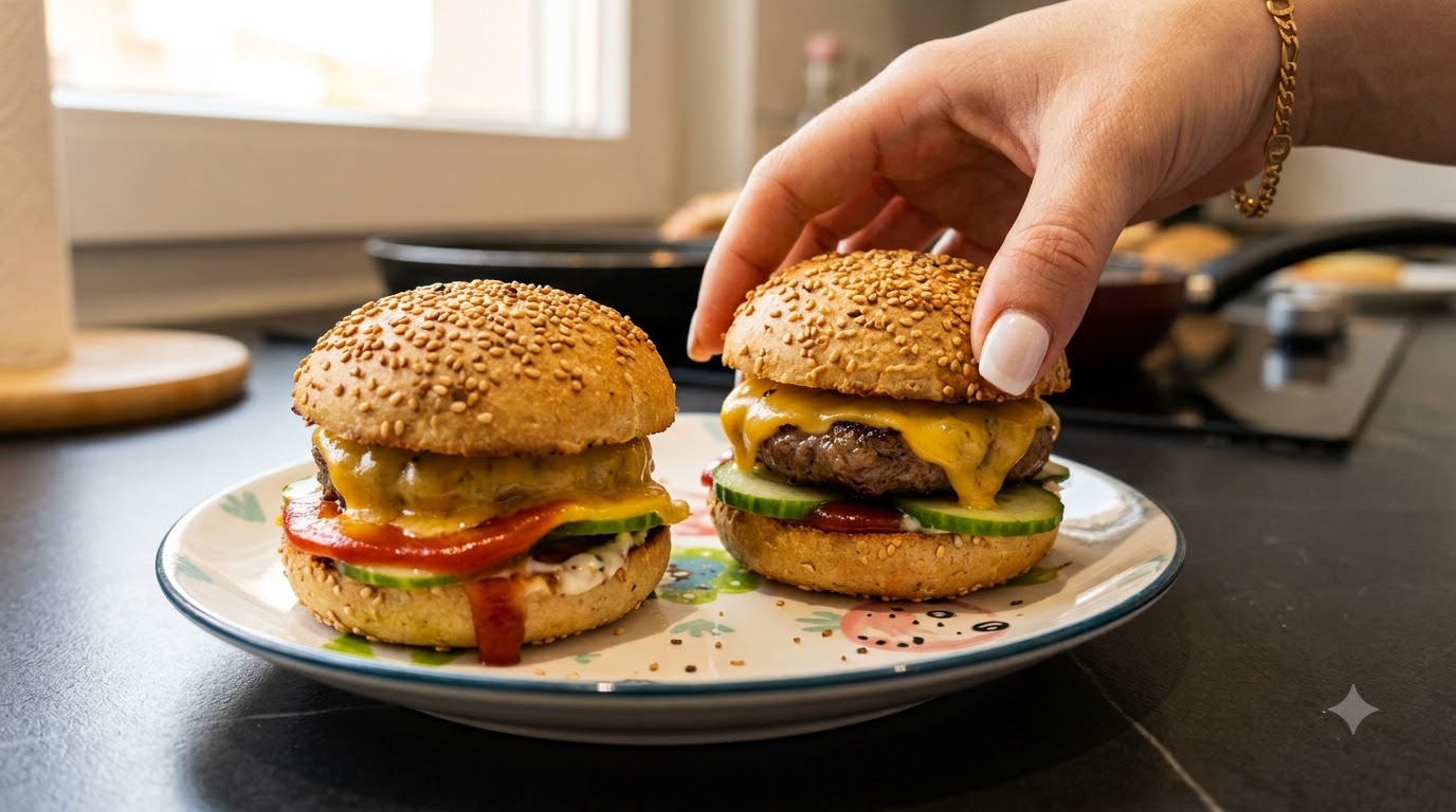 Two homemade mini cheeseburgers on a decorative plate, with one being held by hand.