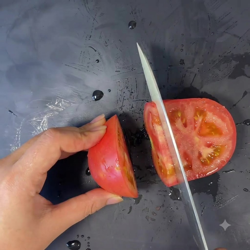 A tomato being cut into slices with a white ceramic knife on a dark surface.