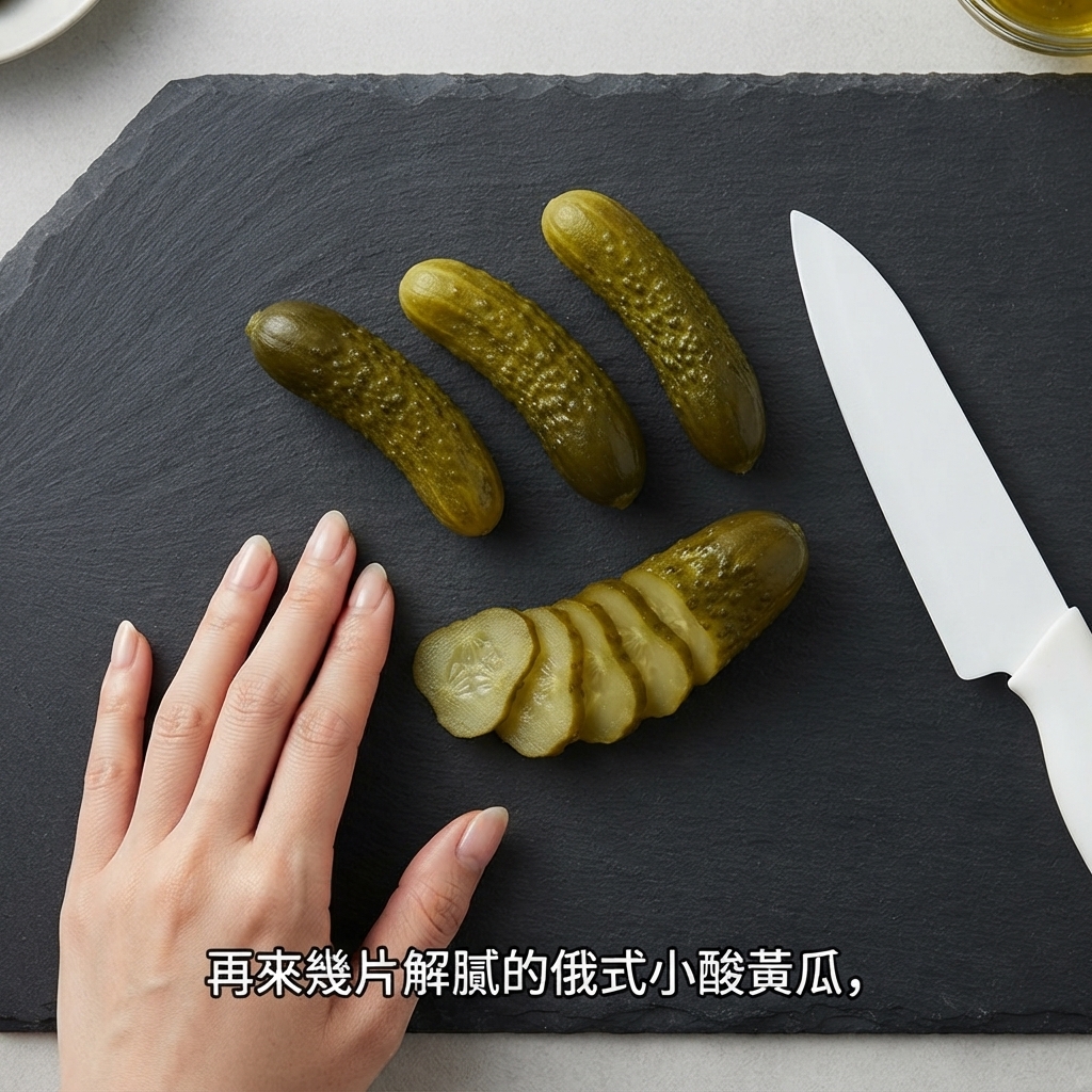 Several Russian small pickles being sliced into rounds with a white knife.
