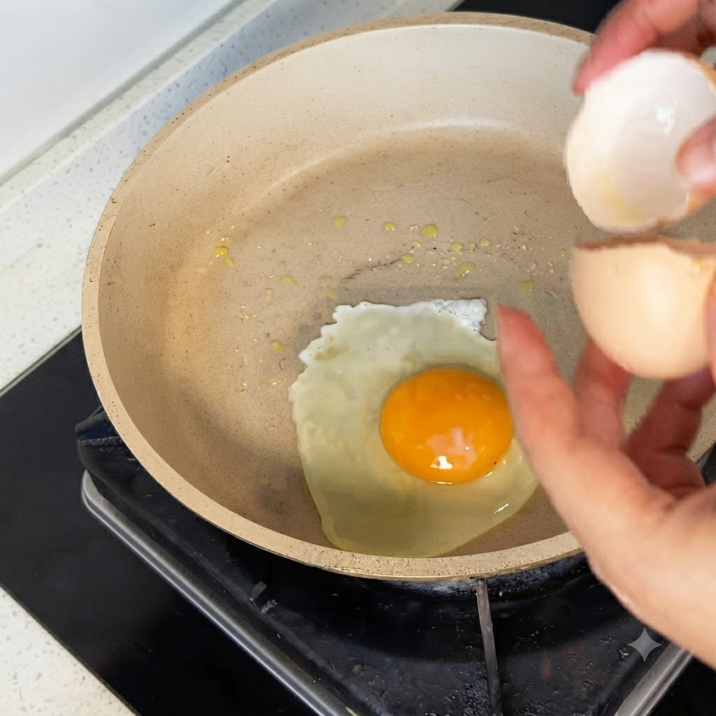 An egg cracking into a warm pan with the yolk centered.