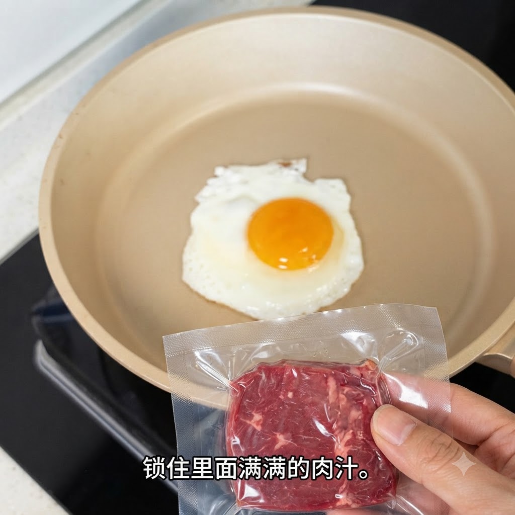 A packaged Angus beef patty held above a pan containing a fried egg.