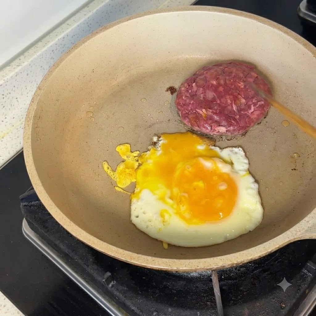 A raw Angus beef patty and a fried egg cooking in a pan with a wooden spatula nearby.
