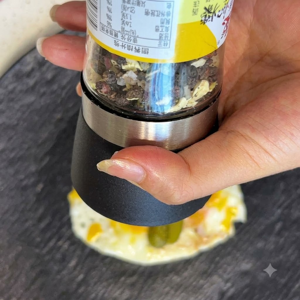 A hand holding a pepper grinder and seasoning the food item below.