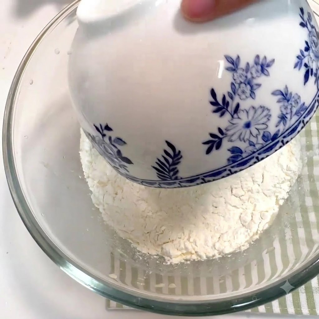 High-gluten flour, cactus fruit powder, and salt being added to the liquid mixture in the bowl.
