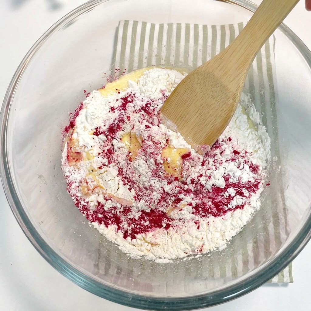 Ingredients being mixed into a pink dough using a spatula inside a glass bowl.