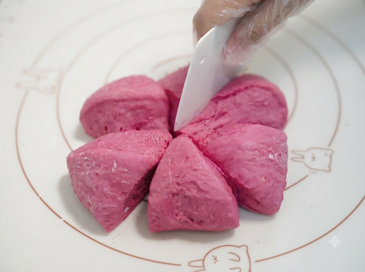 Pink dough being cut and divided into 6 equal portions with a dough cutter.