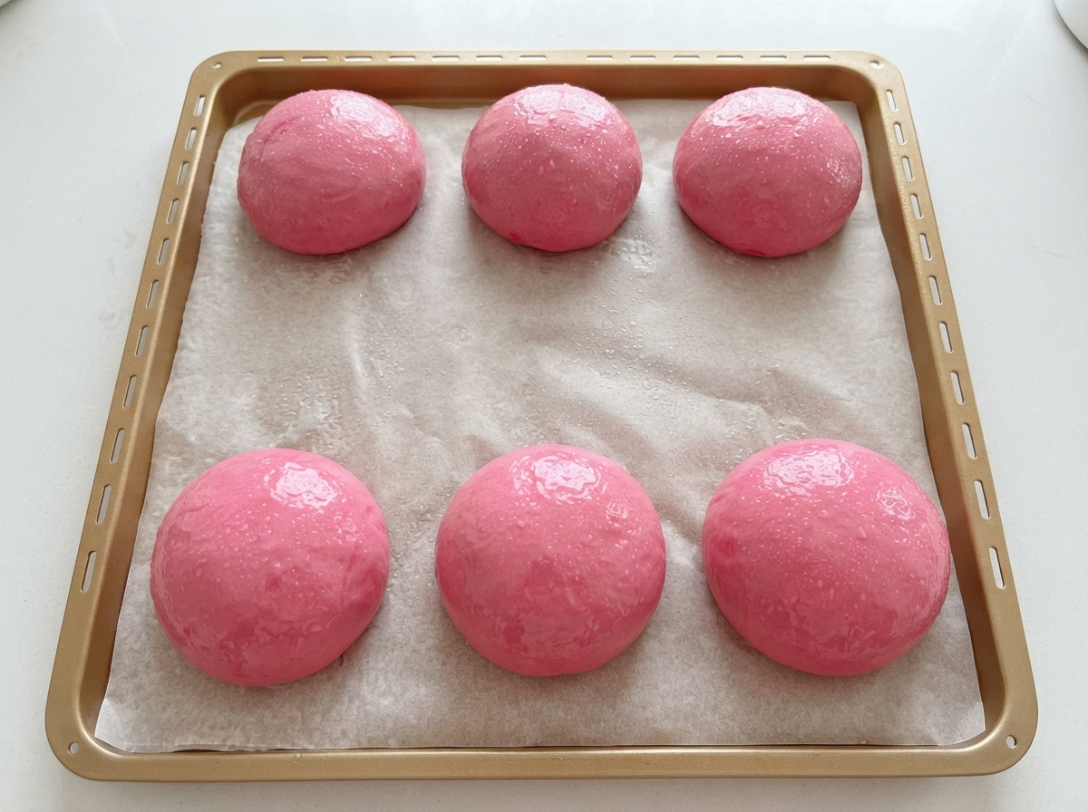 Surface of proofed pink dough buns being sprayed with water and sprinkled with sesame seeds.