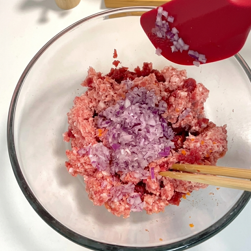A red silicone spatula scraping purple minced onions from its surface directly into a bowl of minced meat and vegetables.
